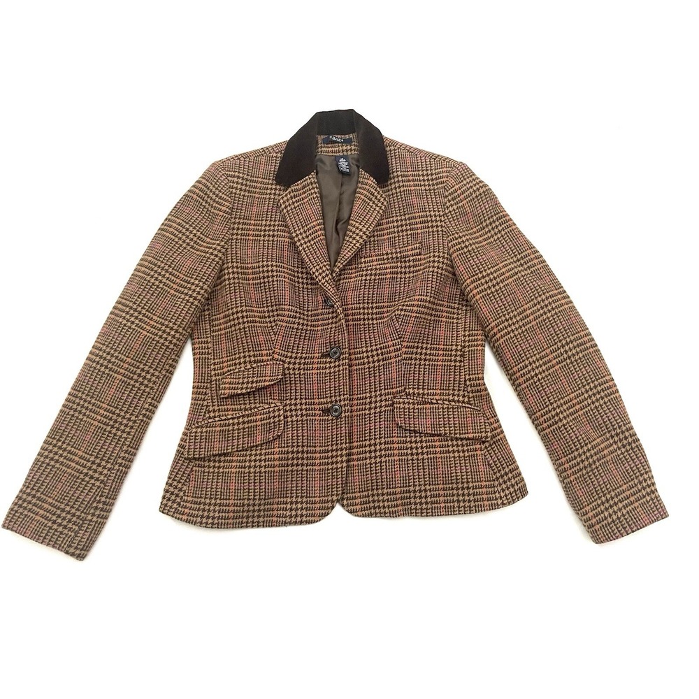 Chaps Riding Jacket Blazer 10 Wool Blend Houndstooth Brown Plaid Corduroy Collar